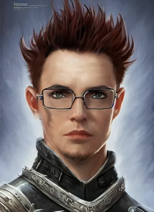 Prompt: short spiky hair and glasses male white, dndbeyond, bright, colourful, realistic, dnd character portrait, full body, pathfinder, pinterest, art by ralph horsley, dnd, rpg, lotr game design fanart by concept art, behance hd, artstation, deviantart, hdr render in unreal engine 5