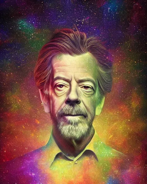Prompt: alan watts floating in the universe portrait painting highly detailed procreate, 3d render senior artist, photorealistic, textured, featured on artstation