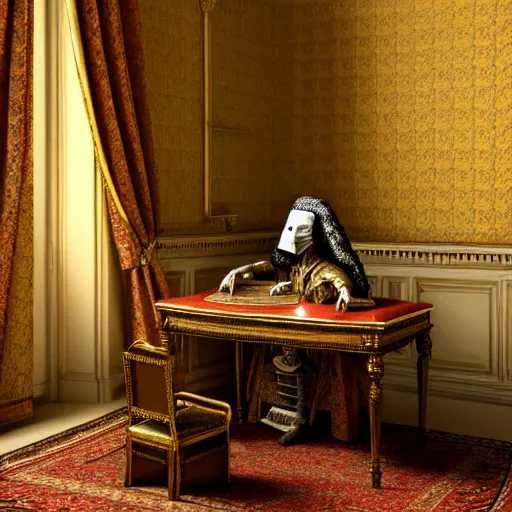 Image similar to An extremely detailed render of a mummy, sitting at his Louis XIV desk, with very old curtains in the room. The desk has a 1880 phone on it. Dusty air, god rays, raytracing shadows, ambient occlusion, 8K, RTX 3090, trending on artstation, lumens