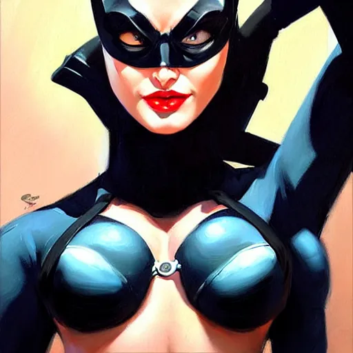 Image similar to Greg Manchess portrait painting of Catwoman as Overwatch character, medium shot, asymmetrical, profile picture, Organic Painting, sunny day, Matte Painting, bold shapes, hard edges, street art, trending on artstation, by Huang Guangjian and Gil Elvgren and Sachin Teng