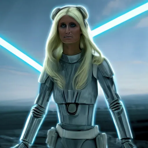 Prompt: First image from Star Wars Skywalker starring Paris Hilton (2035), 8k, HDR