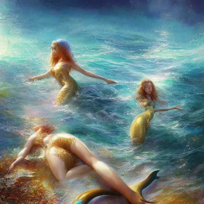 Image similar to glimmering mermaid relaxing beach, dolphins, golden hour, god rays, coral reef, dreamscape by artgerm and ruan jia and ismail inceoglu and greg olsen, cosmos, milky way galaxy, masterpiece, beautiful, intricate, elegant, highly detailed