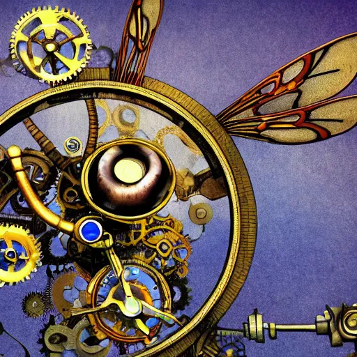 Image similar to steampunk clockwork dragonfly carrying prismatic orbs on it's back