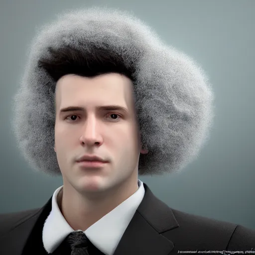 Prompt: beautiful 3D rendered fictional character, his head is made of fluffy clouds, wearing white suit, realistic, 8k, 4k, unreal engine, by Antoni Tudisco, artstation