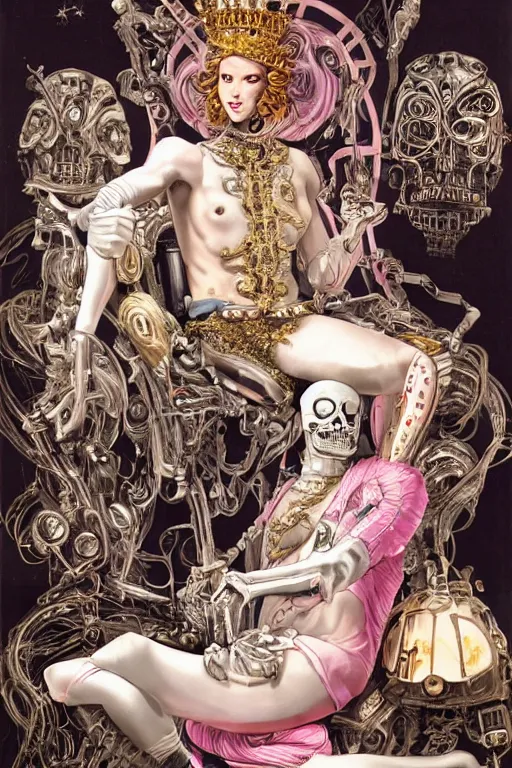 Image similar to full-body rococo and cyberpunk style neon statue of a young attractive portugues macho dotado e rico android sim roupa reclining con piroca dura, glowing white laser eyes, prince crown of pink gears, diamonds, swirling silver-colored silk fabric. futuristic elements. full-length view. space robots. human skulls. intricate artwork by caravaggio. Trending on artstation, octane render, cinematic lighting from the right, hyper realism, octane render, 8k, depth of field, 3D