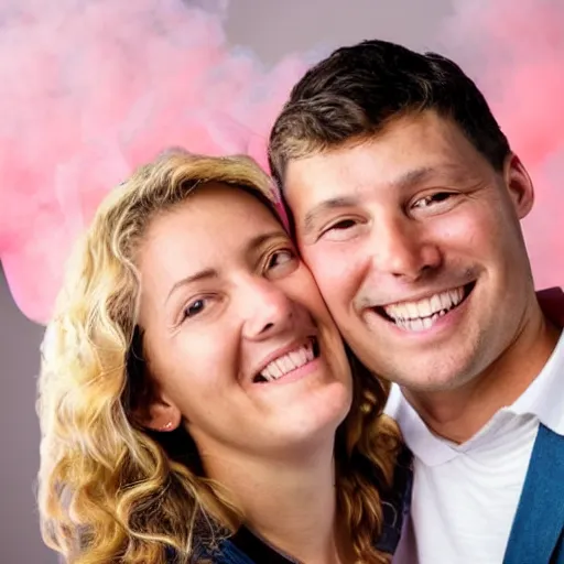 Image similar to a close up of a smiling couple of parents to be, 9 / 1 1 with pink smoke in the background