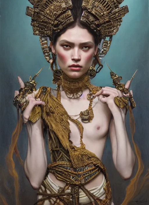 Image similar to highly detailed oil painting | very intricate | cinematic lighting | award - winning | mayan fashion by alexander mcqueen | by roberto ferri, by tom bagshaw, by j. c. leyendecker and klimt, american romanticism, by austin osman spare, artstation, cgsociety, official art, octane