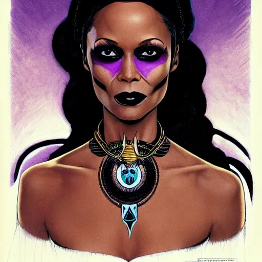 Image similar to thandiwe newton as the comic book character, death, a young and beautiful pale goth girl wearing a black vest and black punk hair, an ankh medallion hangs around her neck. dramatic makeup, the actress thandiwe newton, comic art portrait by joshua middleton and coles phillips, kandinsky,