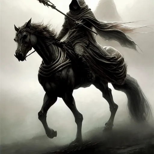 Image similar to concept art by artgerm, pestilence of the four horsemen of the apocalypse, soft green natural light, intricate, hooded death riding a horse, highly detailed dark art, digital painting, artstation, concept art, smooth, sharp focus, illustration, art by greg rutkowski and luis rollo and uang guangjian and gil elvgren, symmetry!