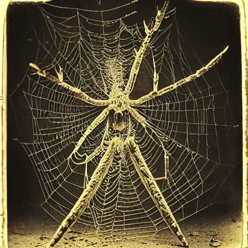 Prompt: 1860 photo of an ancient fractal spider-woman-demon on an abandoned factory on the middle of a forest, spooky , spider webs, devouring the human soul, veins, arteries, intricate, golden ratio, full frame, microscopic, elegant, highly detailed, ornate, ornament, sculpture, elegant , luxury, beautifully lit, ray trace, 3d, PBR