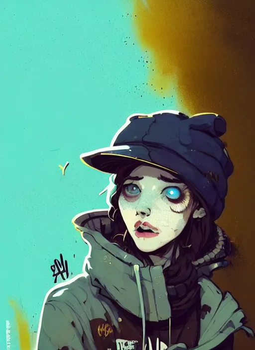 Prompt: highly detailed portrait of a sewer punk lady student, blue eyes, tweed hoody, hat, wavy hair by atey ghailan, by greg rutkowski, by greg, tocchini, by james gilleard, by joe fenton, by kaethe butcher, gradient yellow, black, brown and cyan color scheme, grunge aesthetic!!! ( ( graffiti tag street background ) )