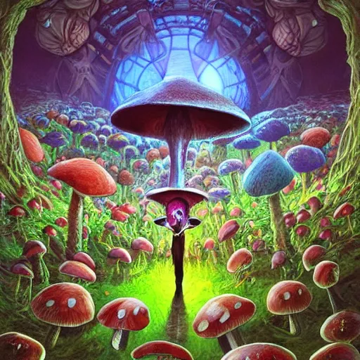 Image similar to 4 k headshot portrait of a psychedelic demonic anthropomorphic insect knight with mushroom themed clothes, magic mushroom village in background by jeff easley, award winning, stylized neon, post - processing, masterpiece, superb resolution. in the art style of junji ito and greg rutkowski. detailed mushroom city in background. hyper realistic anime. perfect art. dalle 2