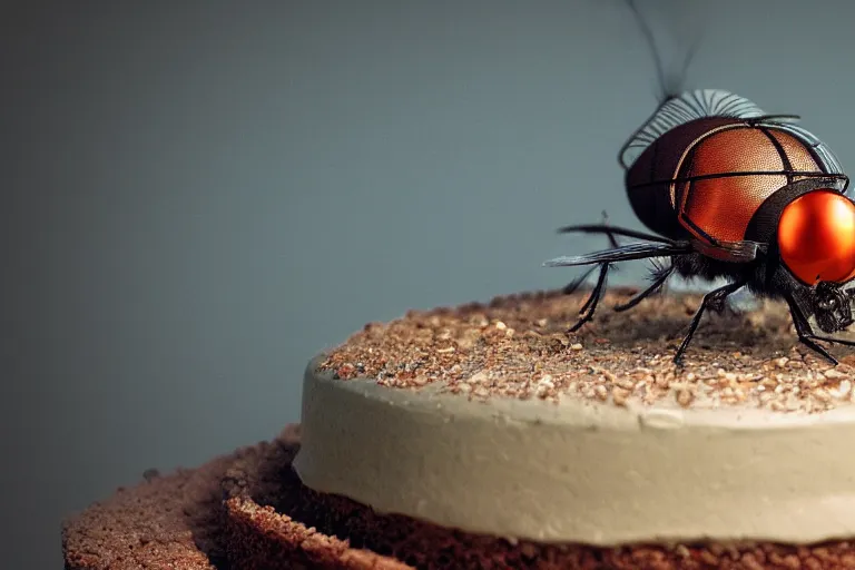 Image similar to a huge fly is sitting on a cake, 4 k, ultra details, cinematic, epic style, beautiful photo, hyper realistic, octane render, unreal engine, award winning, on artstation, volumetric lightning, masterpiece, golden hour,