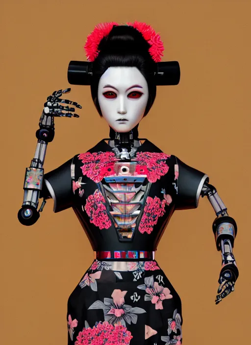 Image similar to full body portrait of a gothic japanese robot geisha with kanji tattoos and decals wearing a digital pixelated kimono, intricate design, photorealistic, octane render, raytraced, ultra fine detailed, character design, trending on artstation