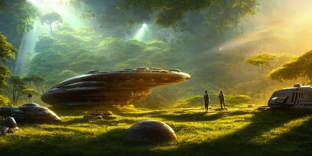 Prompt: a futuristic rusty old alien spaceship, next to it a smaller exploration ship on a landing pad, surrounded by a lush jungle, in the foreground two explorers are having a conversation and small animals are walking around, golden hour, sun beams, volumetric light, hyperdetailed, artstation, cgsociety, 8k