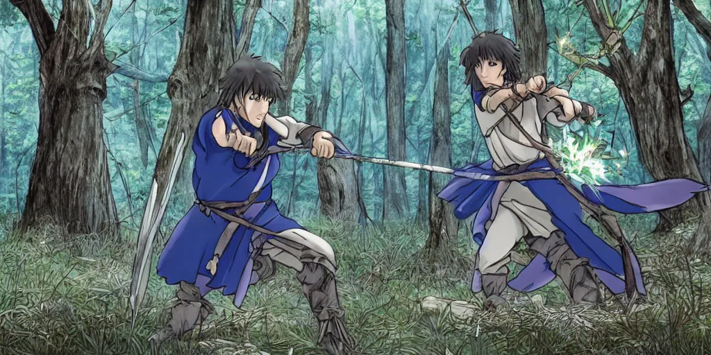 Image similar to Eragon is hunting with his bow in the forest, he finds a blue dragon egg, anime style