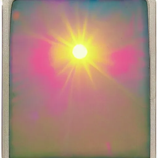 Prompt: a pastel coloured Polaroid photo of a sun shade made of transparent iridescent perspex stood in a field, beams of light, nostalgic