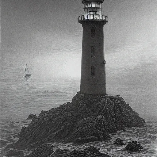 Prompt: a haunted lighthouse by h r giger gustave dore greg rutkowaki