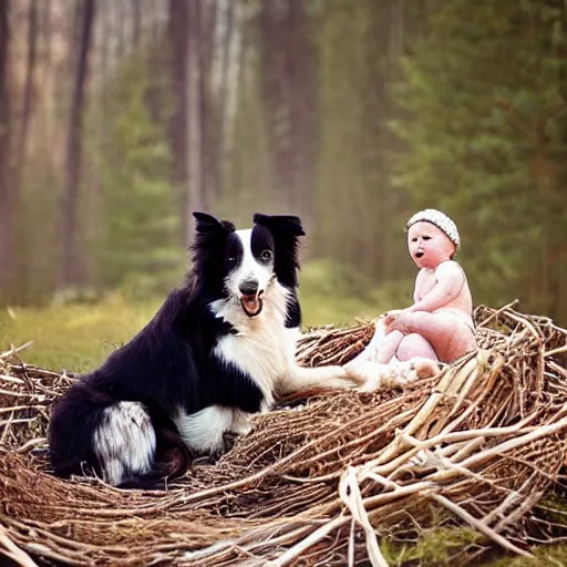 Image similar to a border collie protecting a baby eagle and human infant who are both in a nest in a forest, beautiful, golden hour, impressionist