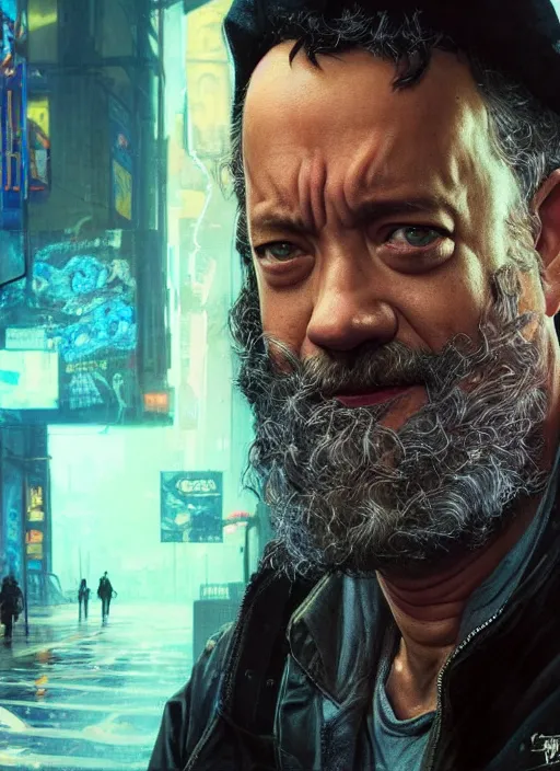 Image similar to portrait of Tom Hanks as a homeless character in Cyberpunk 2077, looking at camera, intricate, dystopian, sci-fi, extremely detailed, digital painting, artstation, concept art, smooth, sharp focus, illustration, intimidating lighting, incredible art by artgerm and greg rutkowski and alphonse mucha and simon stalenhag