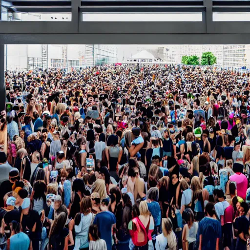 Image similar to zoomed out view of a crowd standing in line that goes on forever, modelsociety, radiant skin, huge anime eyes, rtx on, perfect face, directed gaze, sony a 7 r iv, symmetric balance, polarizing filter, photolab, lightroom, 4 k, dolby vision, photography award