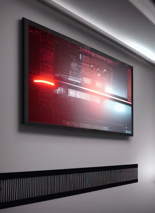 Image similar to photorealism of monitor on the wall of a room of a spacecraft with user interface display, red tones, biomechanical, ads concert rock, high resolution, hyper realistic sci fi realistic, octane render, hyper realistic, ambient lighting, blade runner film style, canon eos ef 5 0 mm.