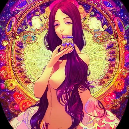 Image similar to psychedelic, intricate, highly detailed, anime, 4k, beautiful seductive woman holding a crystal containing the universe, with professional makeup, long trippy hair, surrounded by gems, underneath the stars, trending on patreon, deviantart, twitter, artstation, volumetric lighting, heavy contrast, by artgerm and Ilya Kuvshinov and alphonse mucha