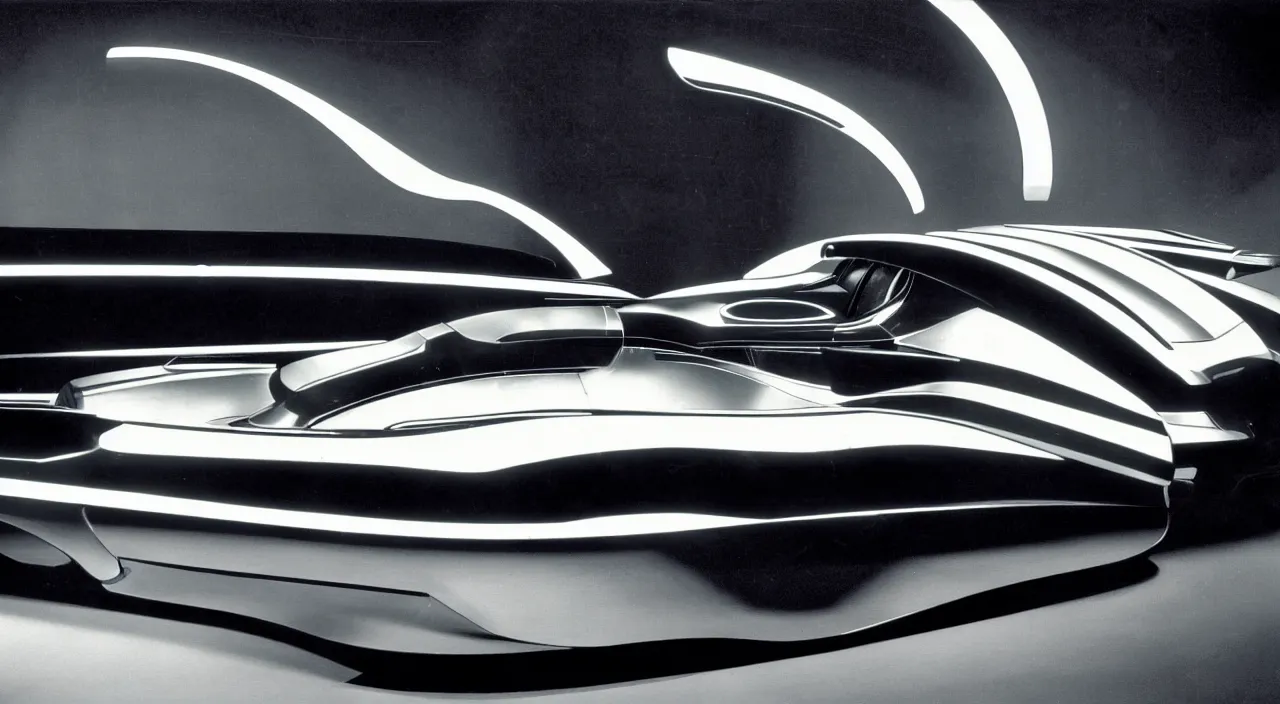 Image similar to high quality photo of a futuristic art deco car from a 60s sci-fi movie cinematic lighting caravaggio