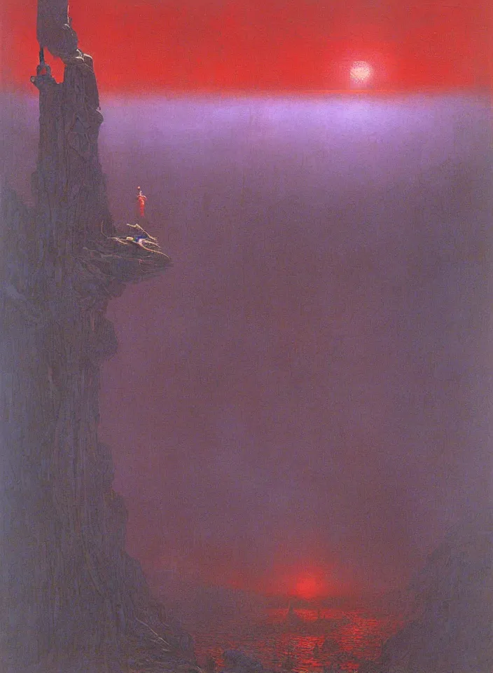 Image similar to the blind liberty of the few, red and purple palette, volume light, fog, by caspar david friedrich by ( h. r. giger ) and paul lehr