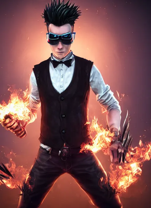 Image similar to An epic fantasy comic book style portrait painting of young man with long red spiked hair. Wearing a black waistcoat, white shirt, using googles. Blasting fire on his hands. Unreal 5, DAZ, hyperrealistic, octane render, cosplay, RPG portrait, dynamic lighting