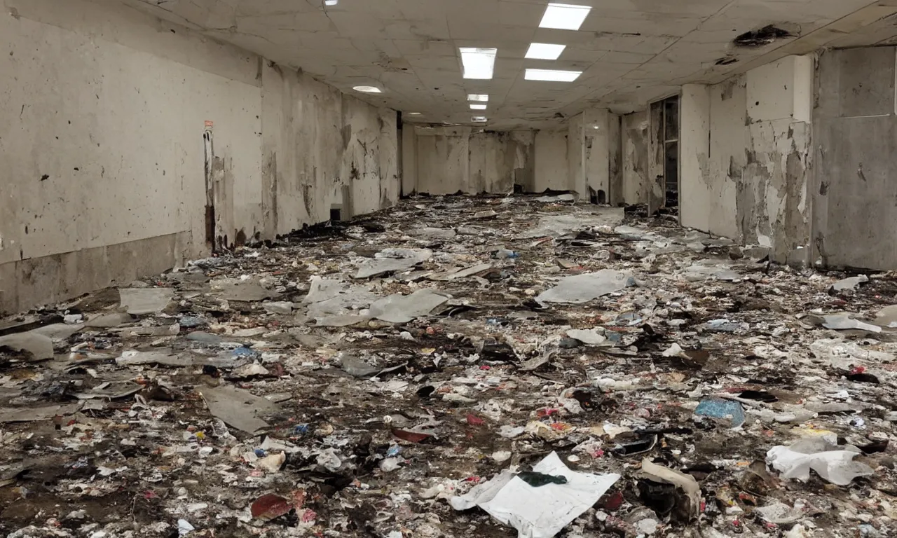 Image similar to backrooms abandoned mall, moldy walls and fiery garbage