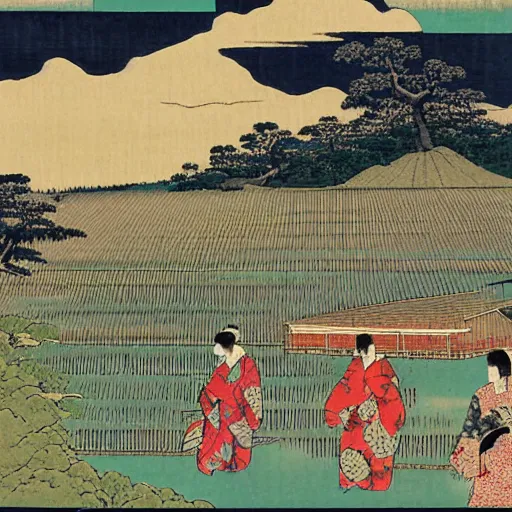 Image similar to a farm next to a lake in the style of ukiyo - e