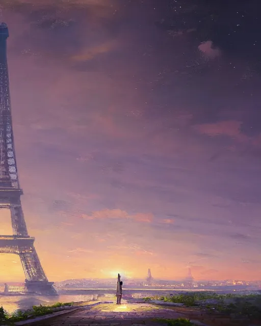 Image similar to over the shoulder landscape painting of violet evergarden, behind are distant lights from paris, eiffel tower, next to the reflecting ocean, nighttime, by vladimir volegov and Philipp A. Urlich and Pengzhen Zhang and Andreas Rocha, fantasy, intricate, elegant, highly detailed, digital painting, artstation, blender, unreal engine 5, octane render, smooth, sharp focus, illustration