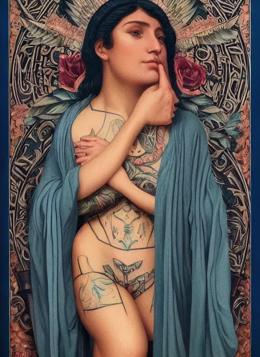 Image similar to beautiful enlightened instagram selfie influencer woman with tattoos, tattooed skin, oil painting, robe, symmetrical face, greek dark ritual myth, by john william godward and anna dittman, masterpiece