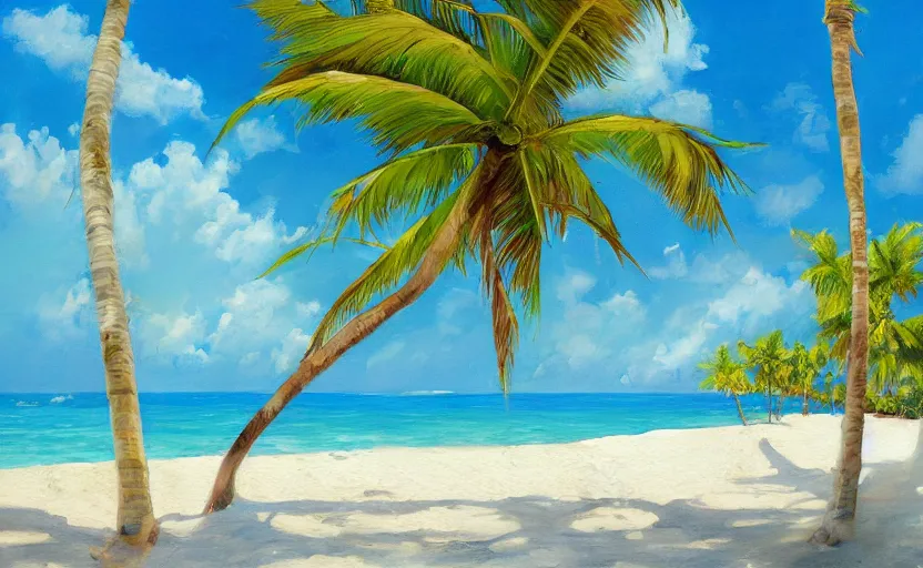 Image similar to A beautiful award winning painting of a tropical beach with palm trees and blue ocean, trending on artstation