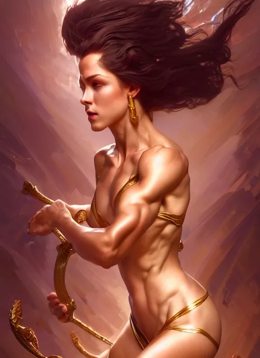 Image similar to muscular goddess dancer of the underworld, crooked nose, shiny, intricate, elegant, higly detailed, ultra definition, digital painting, artstation, vray, concept art, smooth, high speed photography, illustration, art by artgerm and greg rutkowski and alphonse mucha and james jean