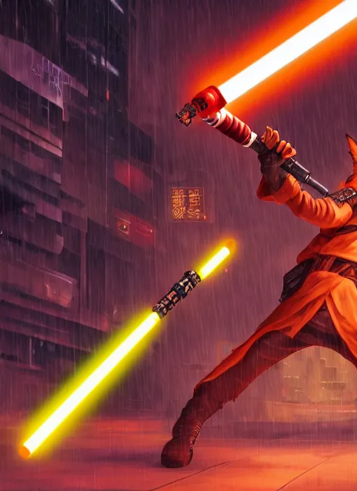 Image similar to character portrait of a anthro coyote fursona wearing jedi robes wielding an orange lightsaber in a cyberpunk city at night while it rains. hidari, color page, tankoban, 4K, tone mapping, Akihiko Yoshida.