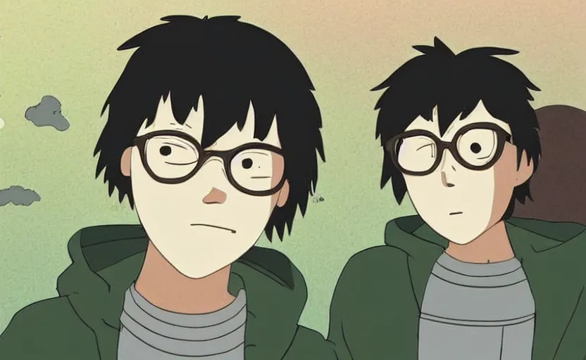 Prompt: a shaggy black haired teen! with glasses and an olive colored hoodie floating in the middle of the cosmos with papers floating around him by studio ghibli!!!, full body!!!, studio ghibli movie frame, dark lighting