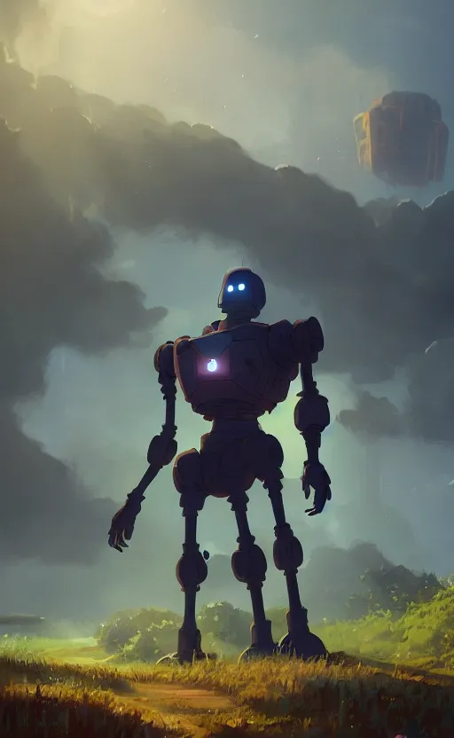 Image similar to iron giant standing near his farm, dynamic lighting, photorealistic fantasy concept art, trending on art station, stunning visuals, creative, cinematic, ultra detailed
