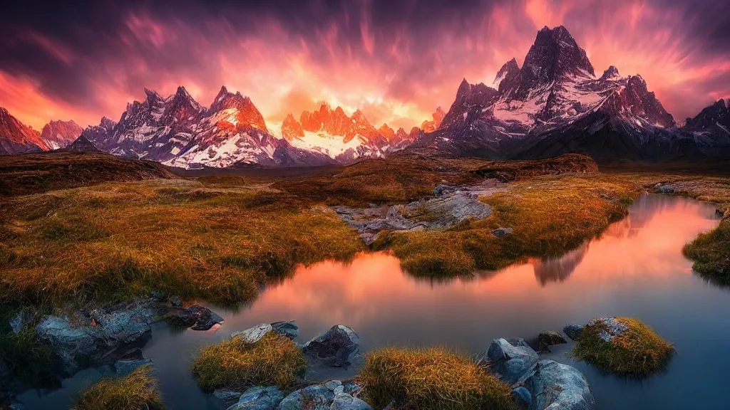 Image similar to amazing landscape photo of mountains with lake in sunset by marc adamus, beautiful dramatic lighting