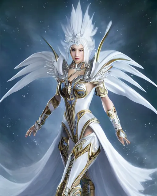 Image similar to perfect white haired egyptian goddess wearing white dove wings, warframe armor, regal, attractive, ornate, sultry, beautiful, dreamy, half asian, pretty face, blue eyes, detailed, scifi platform, 4 k, ultra realistic, epic lighting, android body, illuminated, cinematic, masterpiece, art by akihito tsukushi, voidstar, artgerm