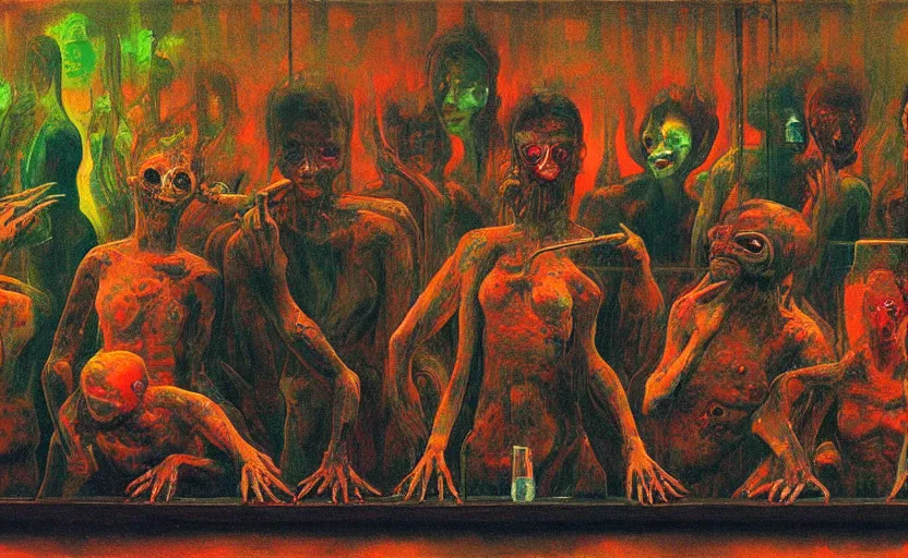 Prompt: a lot of people at the bar, anaglyph filter, blurred, grotesque, doomed, neural acrylic paint, high resolution, gouache on canvas, ultra detailed, vibrant colors, grotesque, wrapped thermal background, slimey, art by francis bacon, by xcopy, beksinski painting