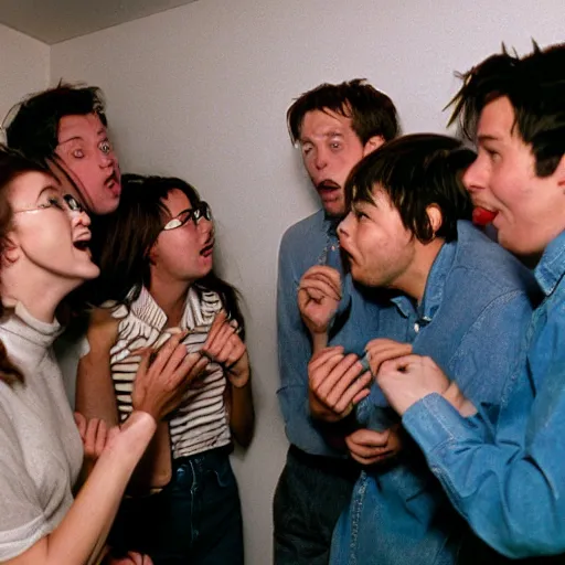 Prompt: A Group of Friends having a moment of nostalgia in their cramped basement, 90s Film Photo, Flash Photography, 40mm lens, Award Winning, 8k Film Scan