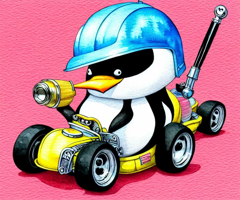 Image similar to cute and funny, penguin wearing a helmet riding in a tiny hot rod with an oversized engine, ratfink style by ed roth, centered award winning watercolor pen illustration, isometric illustration by chihiro iwasaki, edited by range murata, tiny details by artgerm and watercolor girl, symmetrically isometrically centered, sharply focused