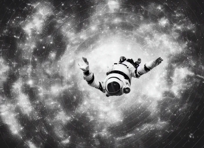 Image similar to black and white, award winning photography of an astronaut floating in the middle of the space in a fetal pose, ultra detailed, dramatic lighting, cinematic composition, sadness, desolation