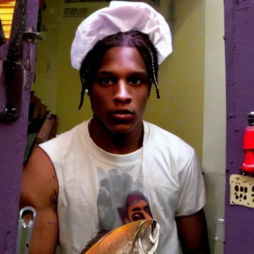 Image similar to asap rocky as a depressed junkie crackhead with a bucket of fish on his head