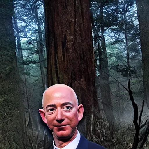 Image similar to jeff bezos skinwalker hunting you in a dark forest with a knife, fully body, realism