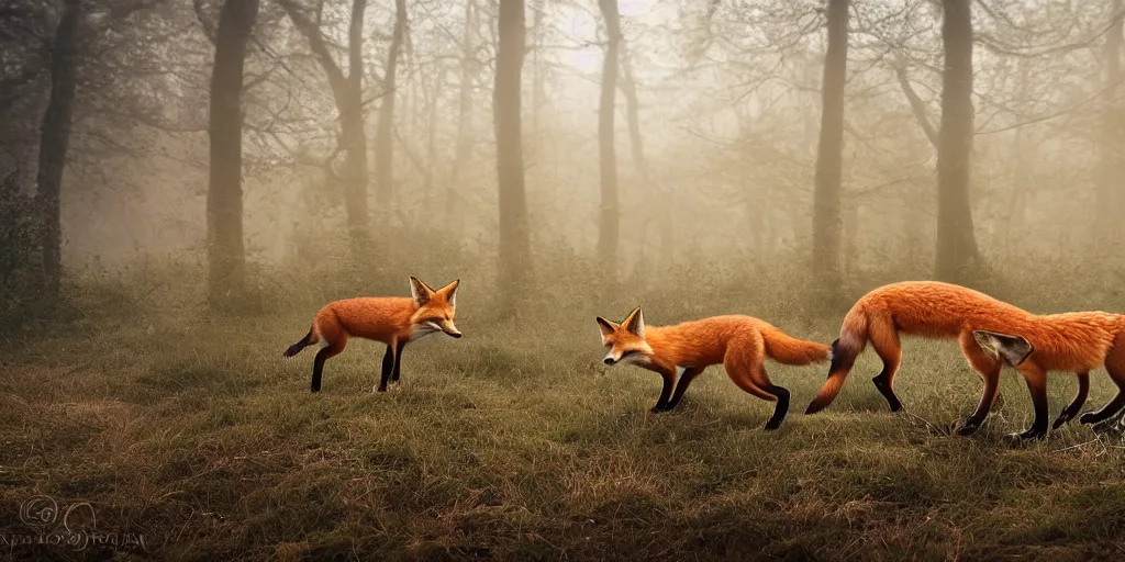 Image similar to family of foxes nearIdyllic pond, meadow, forest trail, blanket of fog, rain, volumetric lighting, beautiful, golden hour, sharp focus, ultra detailed, cgsociety