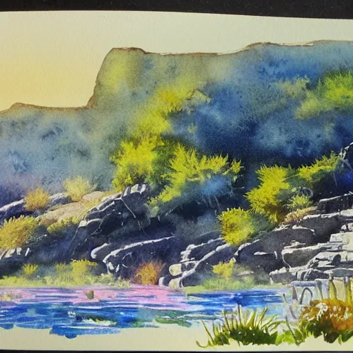 Image similar to detailed watercolor of a lush natural scene on an alien planet by stephen quiller. beautiful landscape. weird colourful vegetation. cliffs and water.