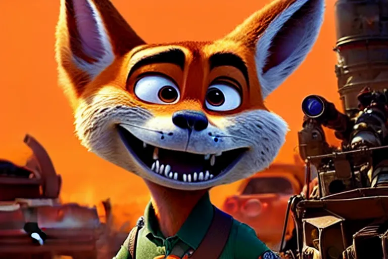 Image similar to nick wilde ( from zootopia ), heavily armed and armored facing down armageddon in a dark and gritty reboot from the makers of mad max : fury road